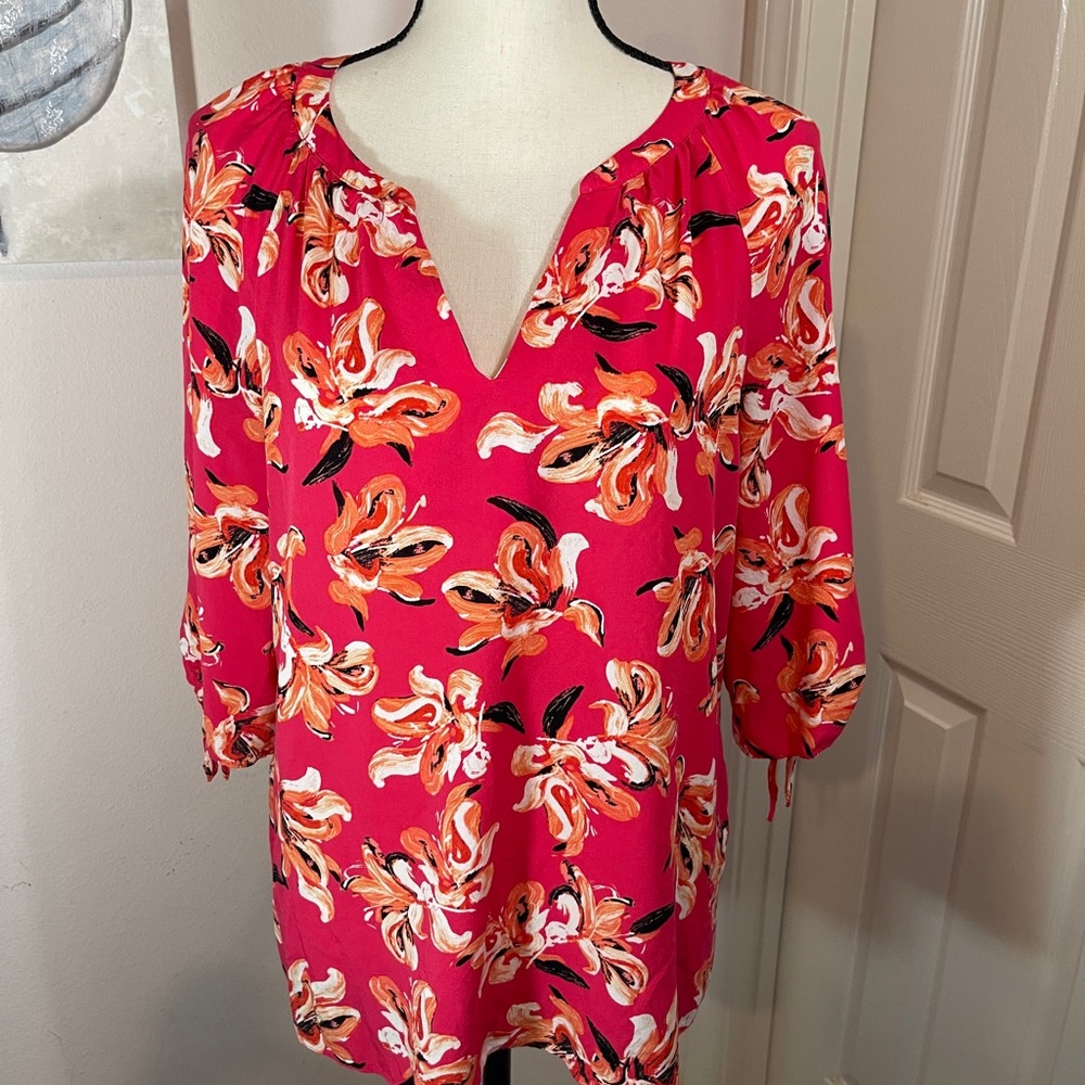 pink yellow black white floral print 3/4 sleeve